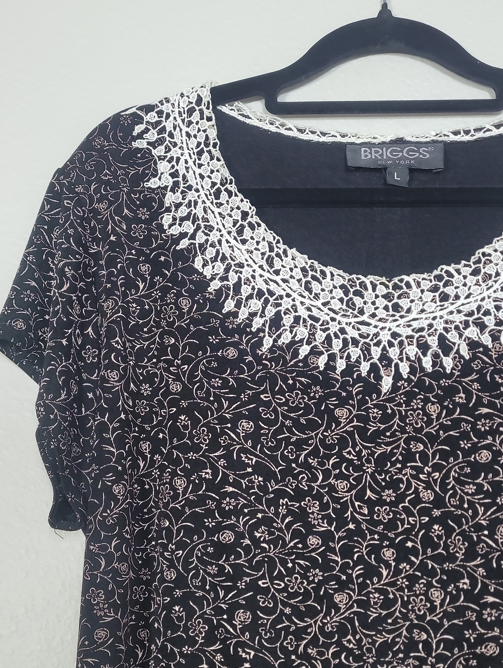 Y2K Briggs New York Lace Collar Blouse Size Large Black Floral Dark Romantic